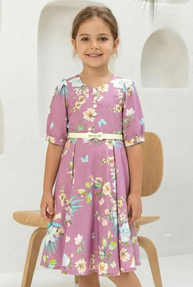 Lavender Floral Fit & Flare Short Frock with Belt | Casual Wear Kids Dress for Girls