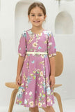 Lavender Floral Fit & Flare Short Frock with Belt | Casual Wear Kids Dress for Girls