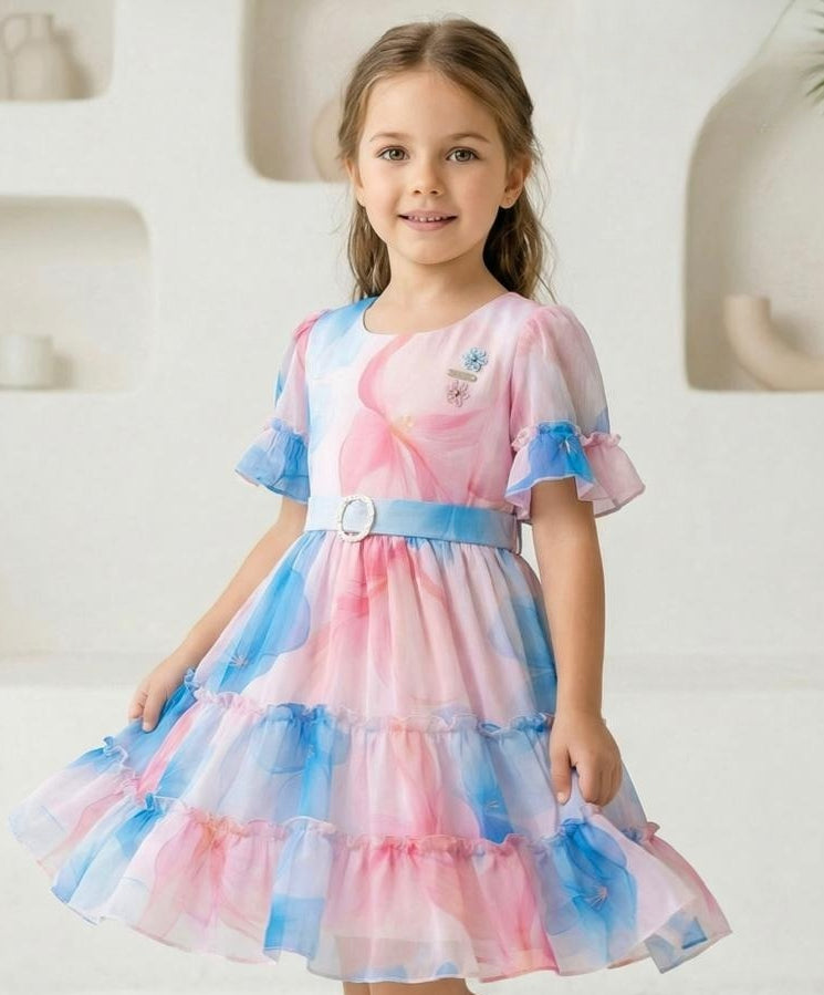 Pastel Organza Layered Elegant Frill Short Frock| Party Wear Frock For Girls