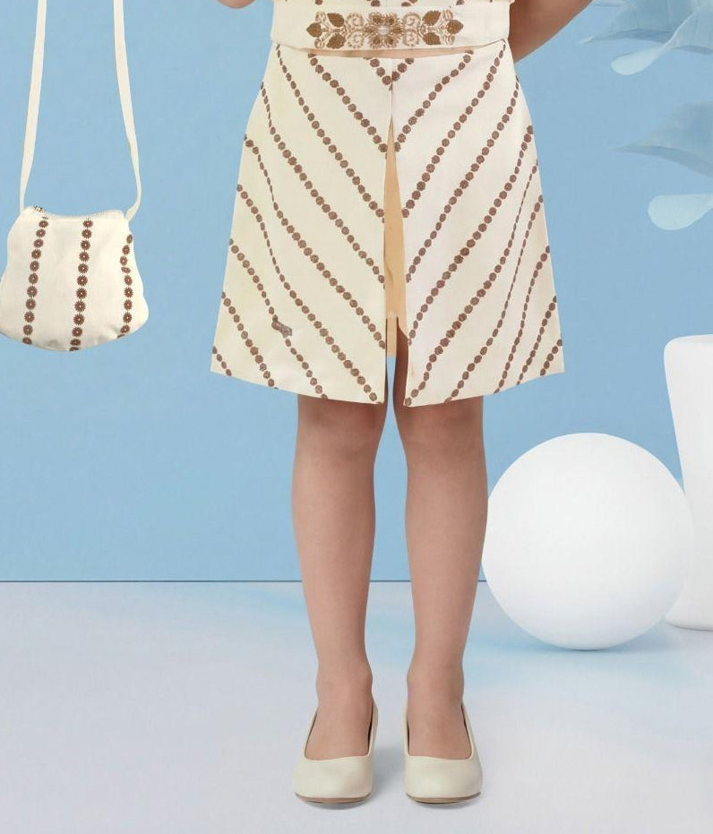 Girls Cream Printed Co-Ord Set with Cropped Vest & Flared Shorts | Western Wear For Girls
