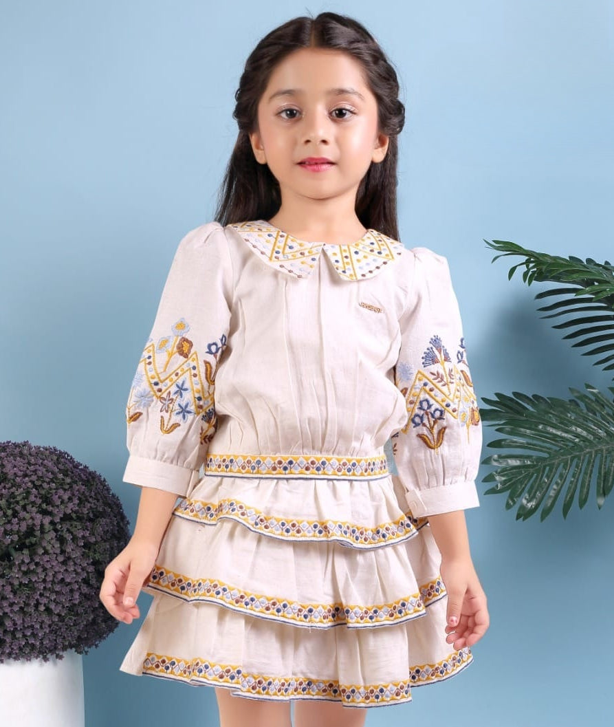 Ivory Cream Blossom Layered Skirt Top Set | Party Wear Kids Outfit for Girls