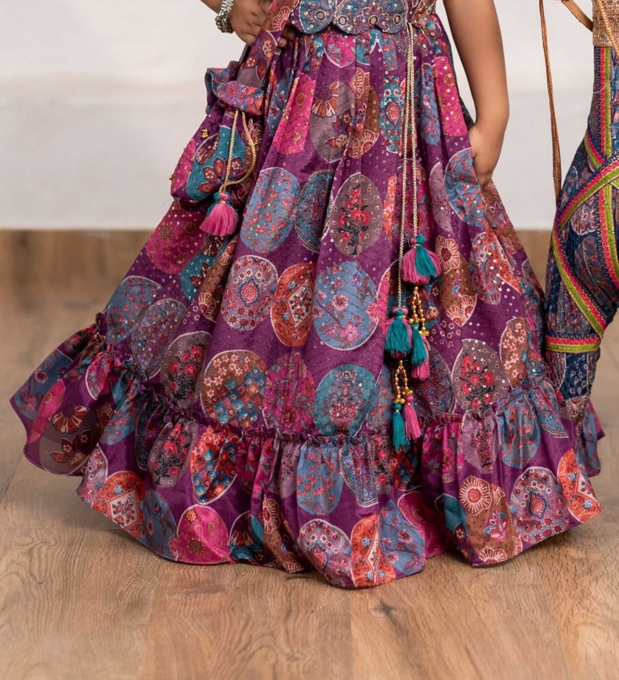 Wine Purple - Multicolor Ethnic Print Lehenga Set