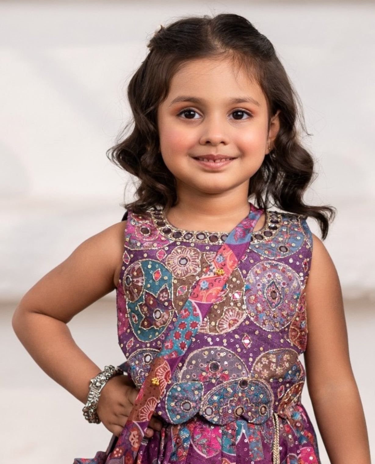 Wine Purple - Multicolor Ethnic Print Lehenga Set