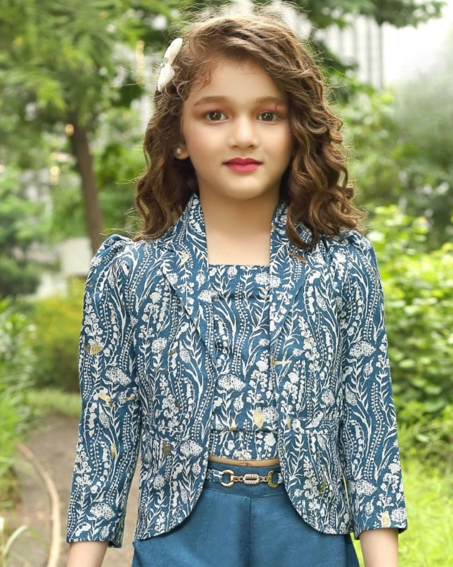 Ocean Teal Blue - Royal Botanical Blazer Palazzo Sets