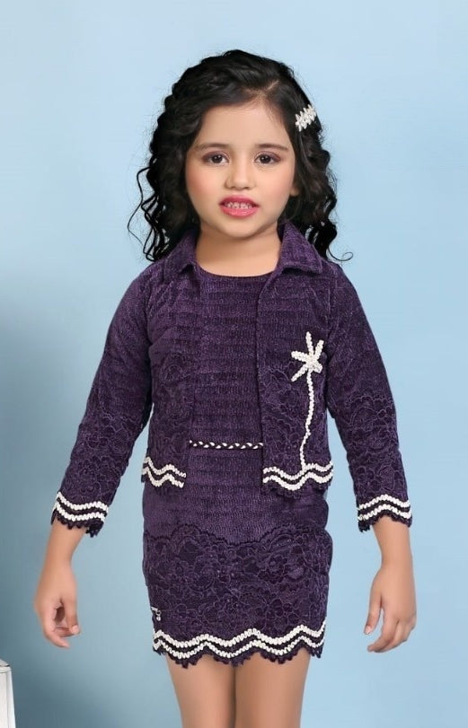 Imperial Purple Winter Knit Dress Set | Party Wear Kids Dress for Girls