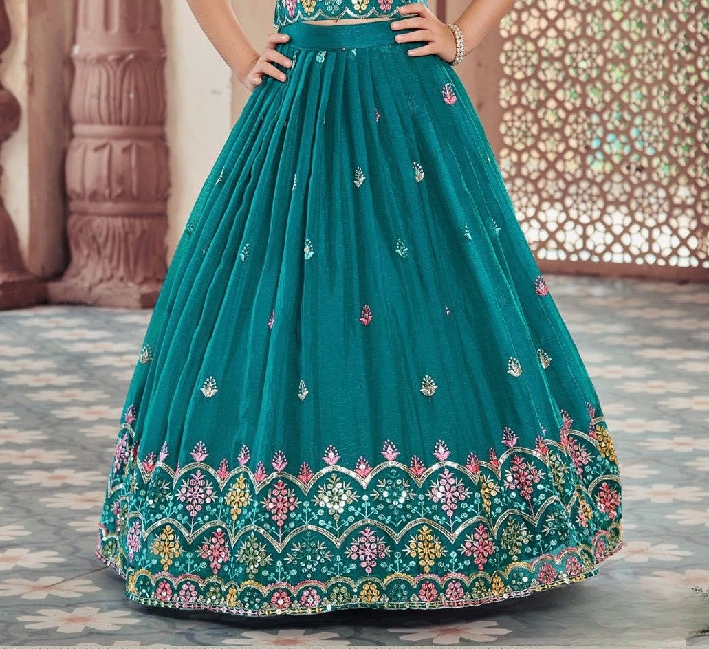 Teal Green Embroidered Lehenga with Mirror Work