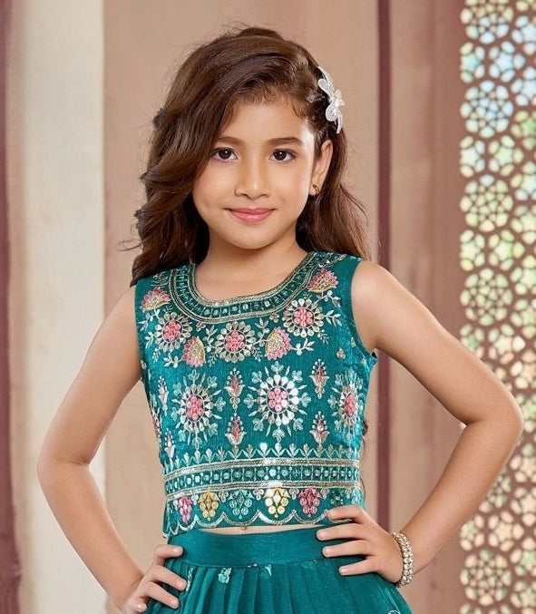 Teal Green Embroidered Lehenga with Mirror Work