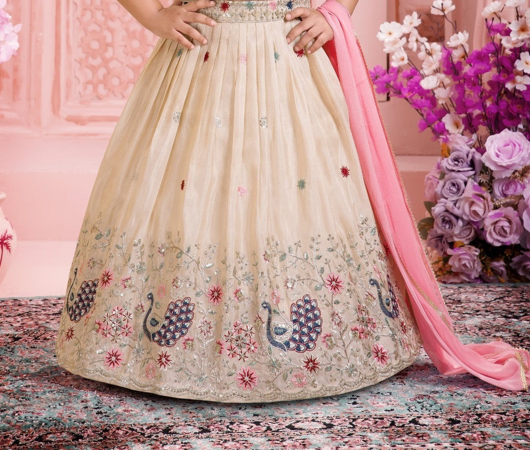 Ivory Cream Peacock Embroidered Lehenga Set | Kids Ethnic Wear for Girls