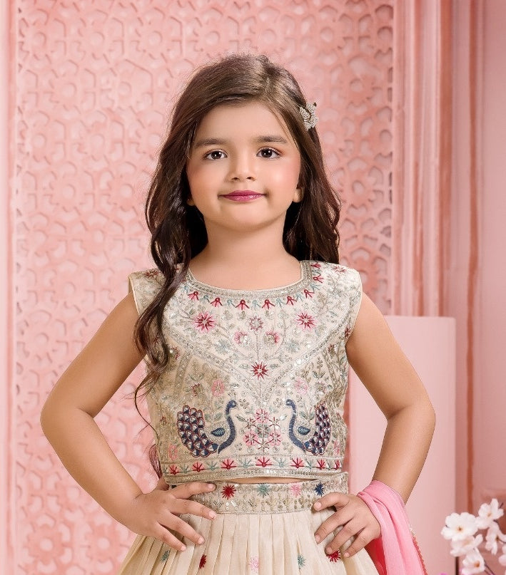 Ivory Cream Peacock Embroidered Lehenga Set | Kids Ethnic Wear for Girls