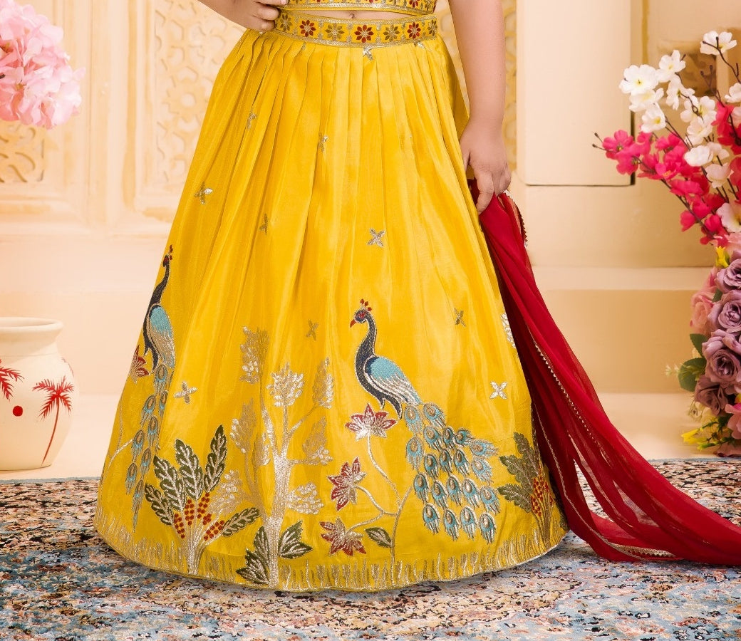 Mustard Yellow Peacock Embroidered Lehenga Set | Kids Ethnic Wear for Girls