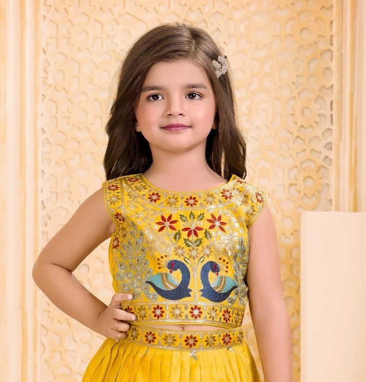 Mustard Yellow Peacock Embroidered Lehenga Set | Kids Ethnic Wear for Girls