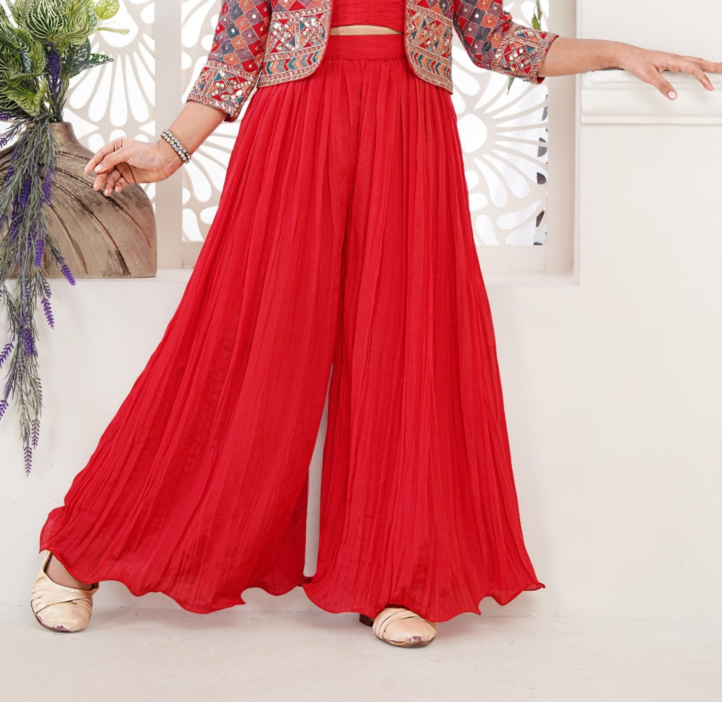 Crimson Red Mirror Work Palazzo Set with Embroidered Jacket