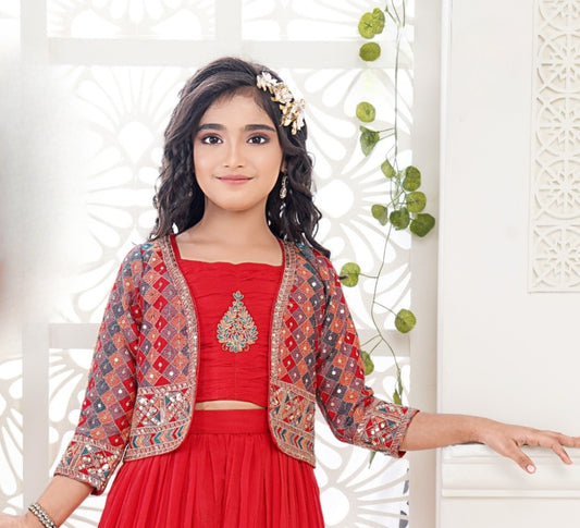 Crimson Red Mirror Work Palazzo Set with Embroidered Jacket