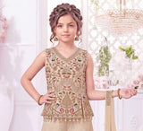 Cream Embroidered Peplum Top & Wide-Leg Palazzo Set with Dupatta | Ethnic Wear For Girls
