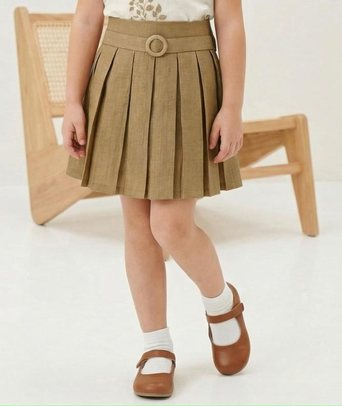 Beige Embroidered Top with Brown Pleated Skirt Set | Casual Wear Kids Outfit for Girls