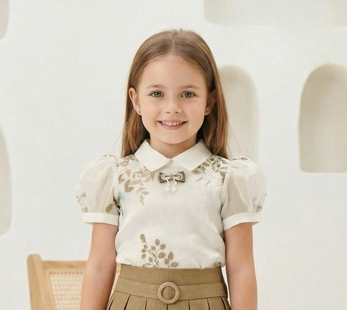 Beige Embroidered Top with Brown Pleated Skirt Set | Casual Wear Kids Outfit for Girls