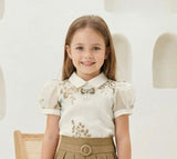 Beige Embroidered Top with Brown Pleated Skirt Set | Casual Wear Kids Outfit for Girls
