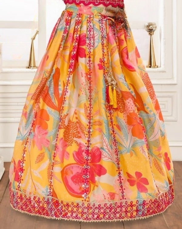 Cherry Red with Multicolor -Mirror Work Floral Lehenga Set