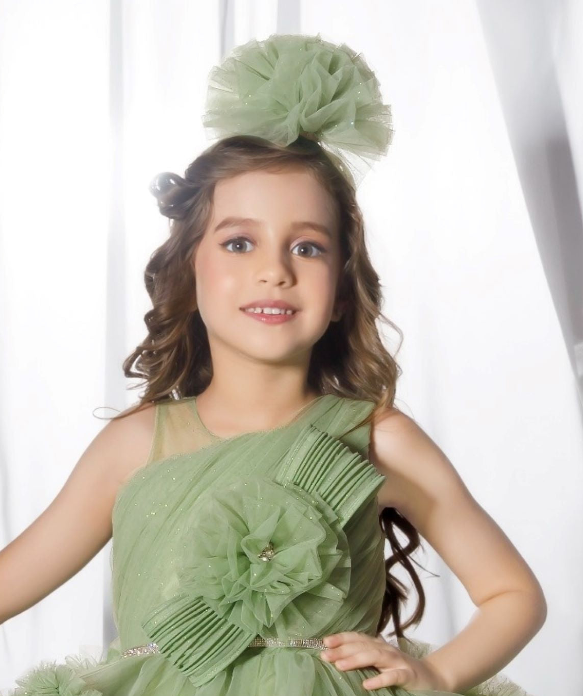 Pista Green -3D Flora Cape Short frock