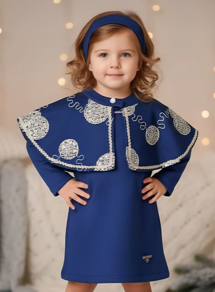 Sapphire Blue Designer Cape Dress | Party Wear Kids Dress for Girls