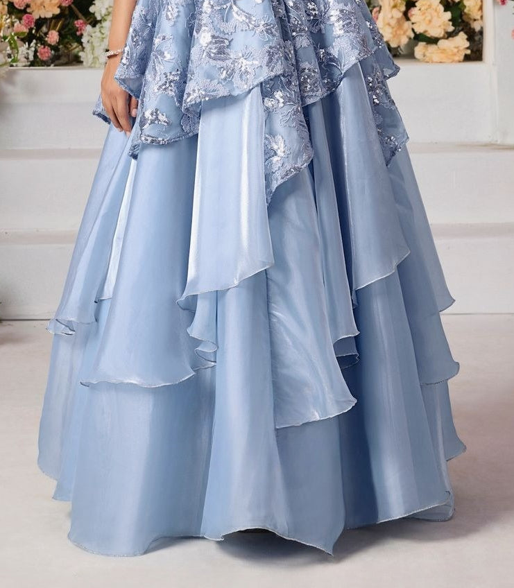 Ice Blue Bloom Ruffle Party Long Gown