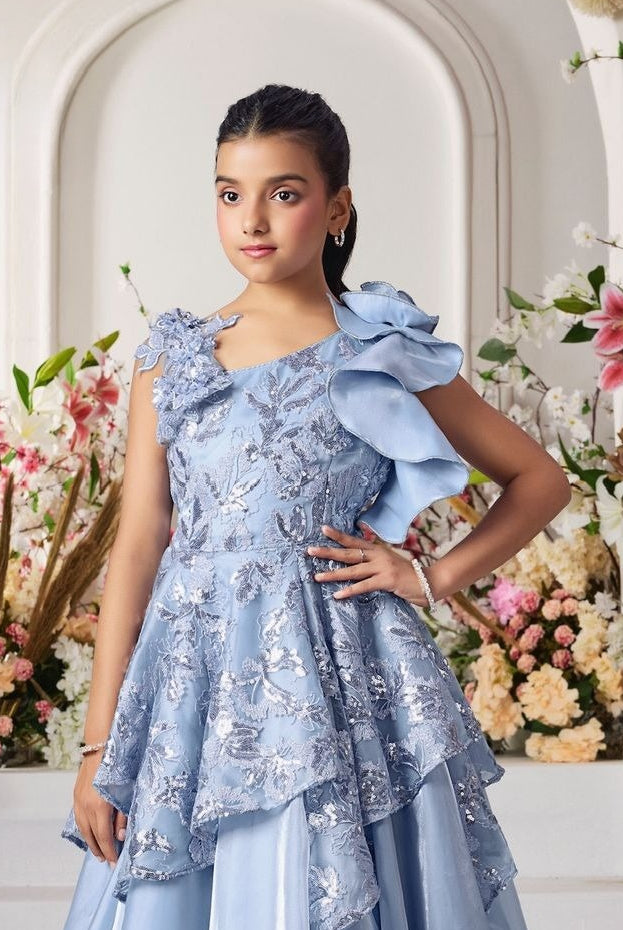 Ice Blue Bloom Ruffle Party Long Gown