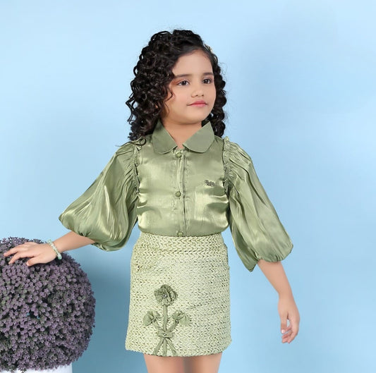 Olive Green Chic Skirt Top Co-ord Set | Party Wear Kids Outfit for Girls