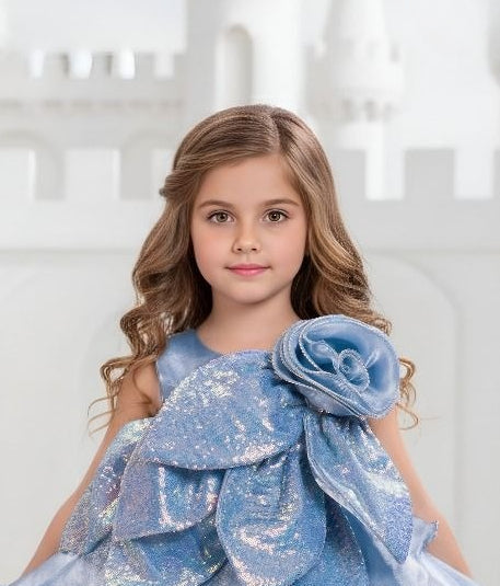 Glacier Blue 3D Flower Designer Short Frock