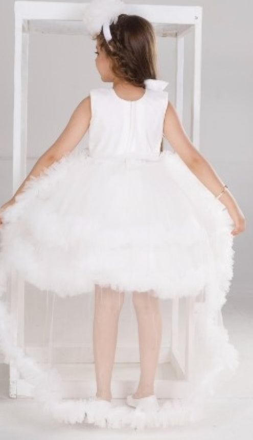 Pearl White Designer High-Low Feathered Short Frock