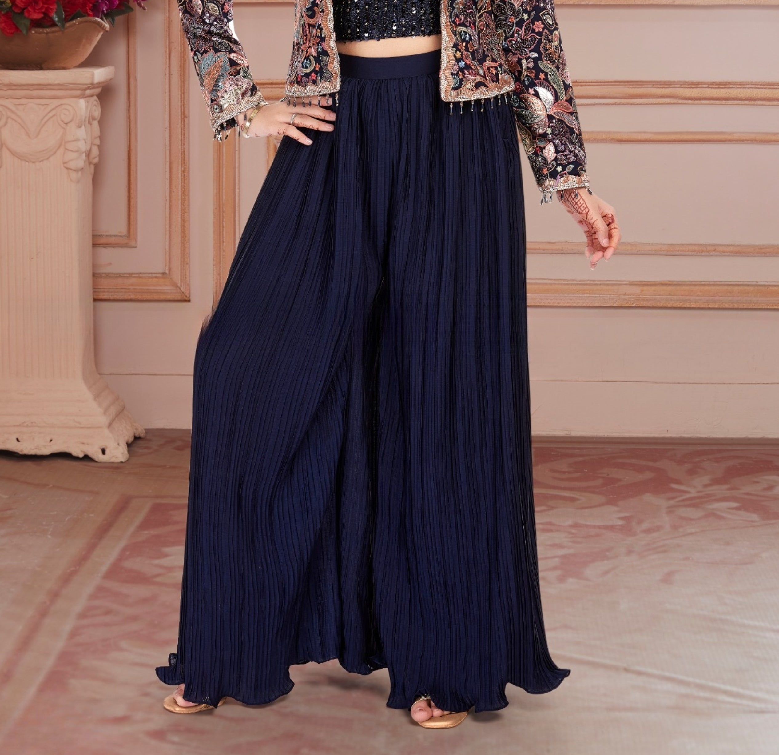 Navy Blue Sequin Palazzo Set with Embroidered Jacket
