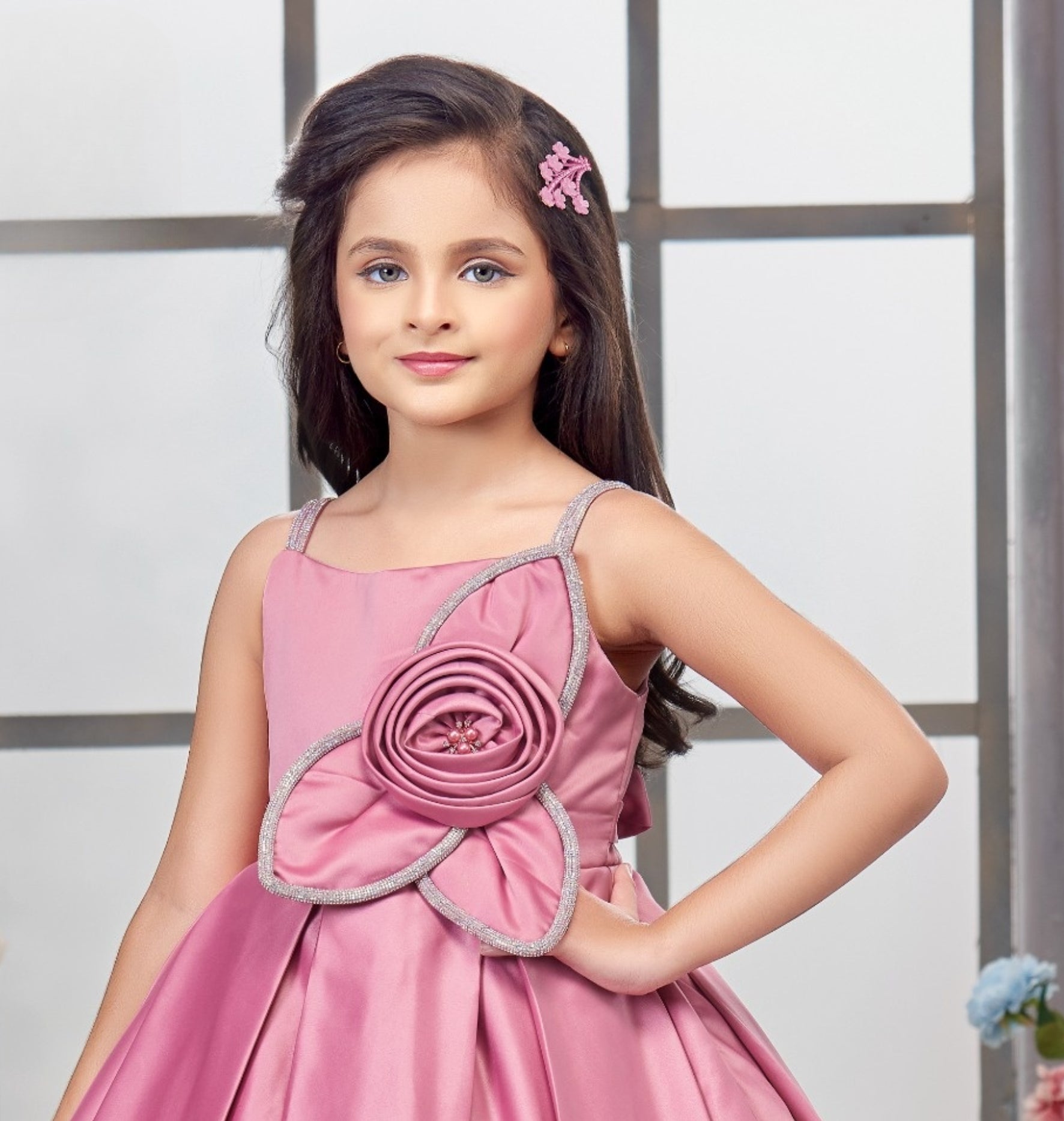 Pink  Floral Applique Designer Short Frock