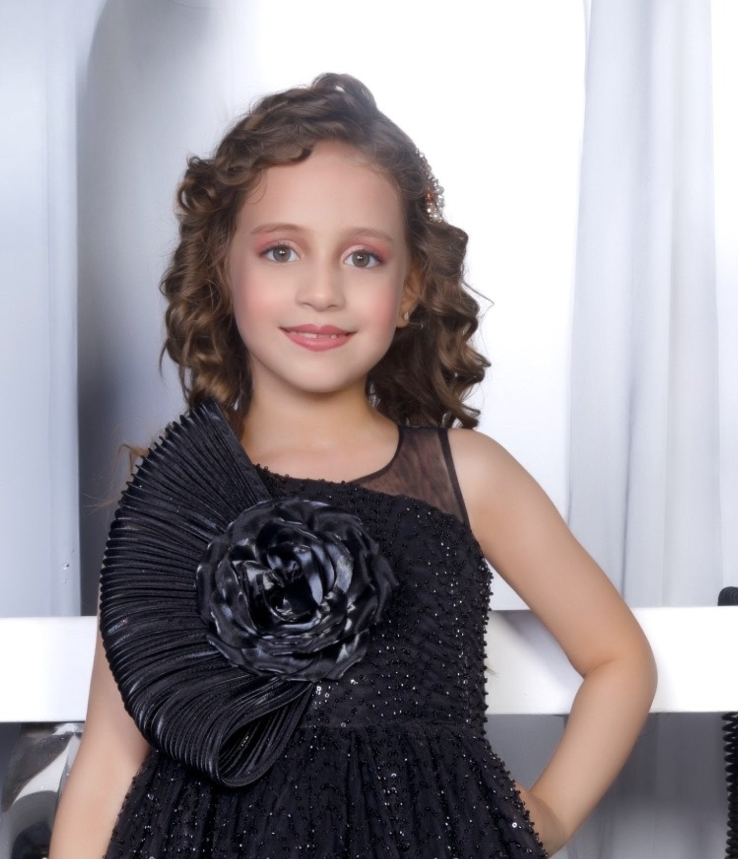 Midnight Black Couture Flower Applique Short Frock