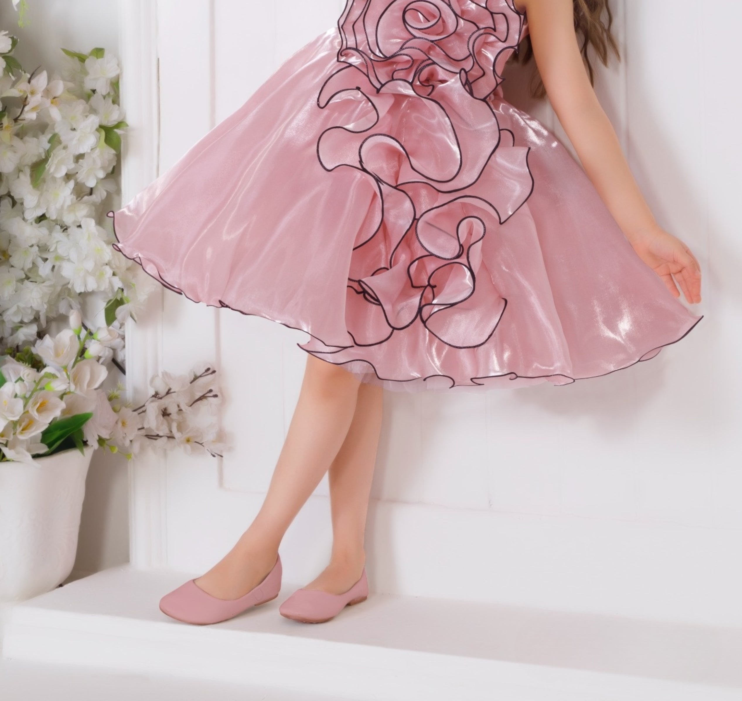 Peach Satin Swirl Designer Party Short frock