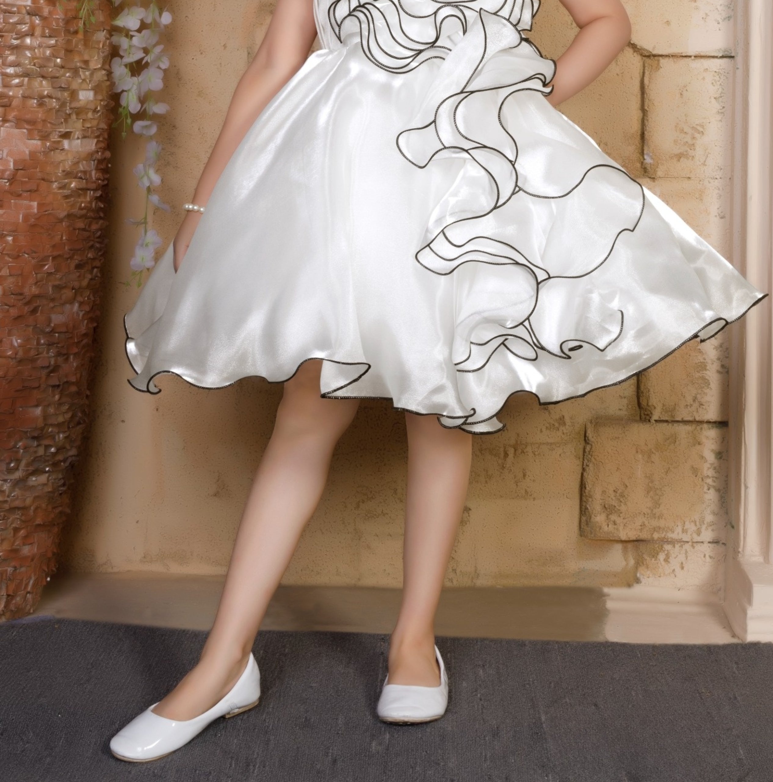 Pearl White Satin Swirl Designer Party Short frock