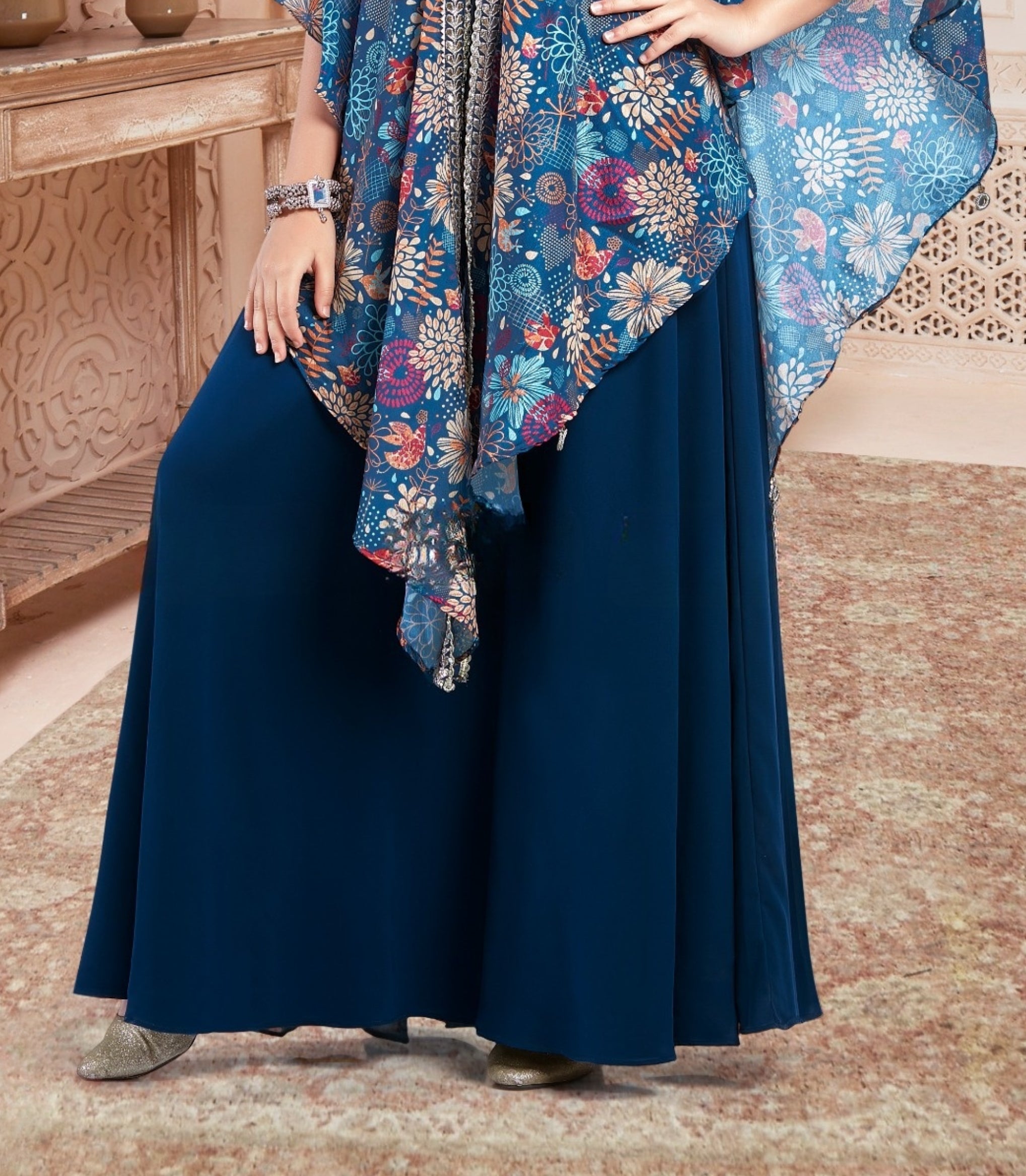 Navy Blue Floral Cape Palazzo Set