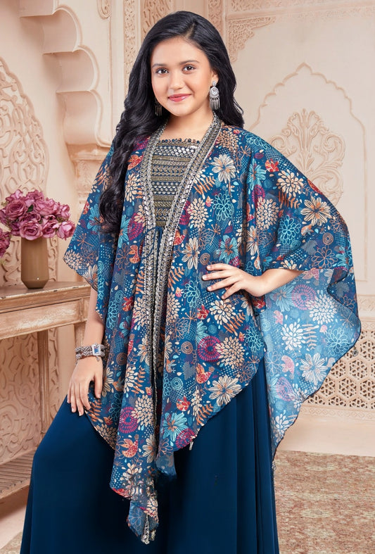 Navy Blue Floral Cape Palazzo Set