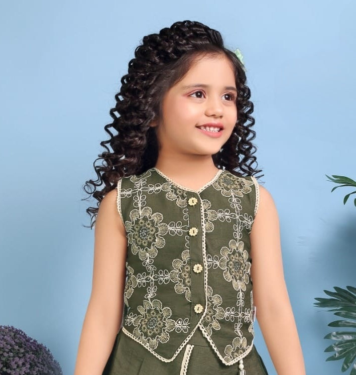 Olive Green Charm Skirt Top Set | Casual Wear Kids Outfit for Girls
