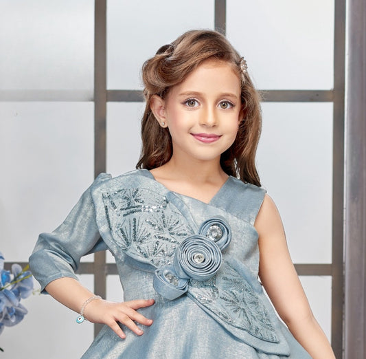 Ice Blue One-Shoulder Satin Party Short Frock