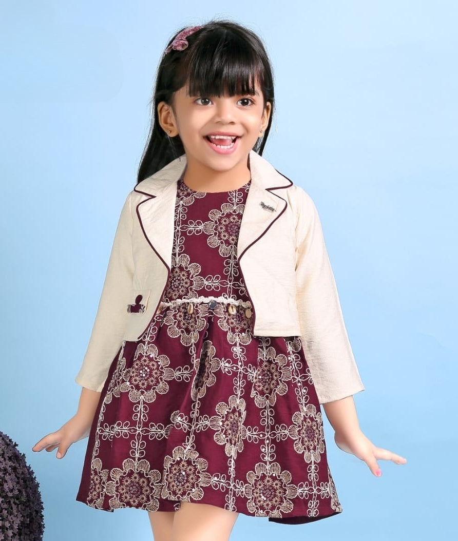 Ruby Maroon Bloom Jacket Style Short Frock | Party Wear Kids Dress for Girls