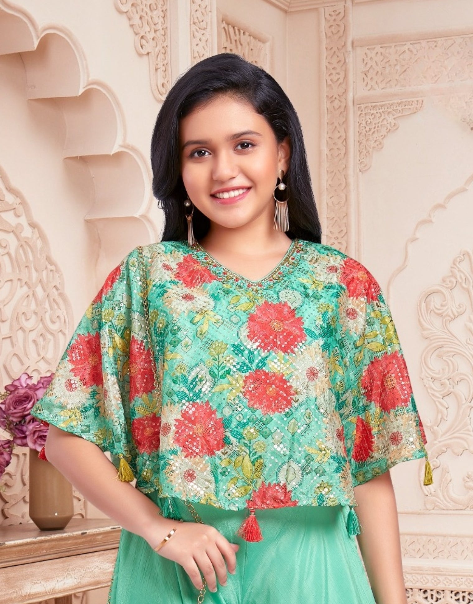 Mint Green Palazzo Set with Floral Printed Cape Top