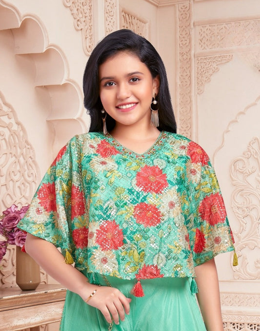 Mint Green Palazzo Set with Floral Printed Cape Top