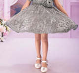 Silver Grey Royal Petal Puff Sleeves Embellished Short Frock