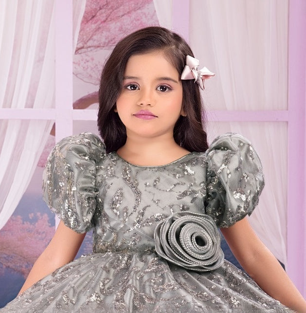 Silver Grey Royal Petal Puff Sleeves Embellished Short Frock