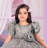 Silver Grey Royal Petal Puff Sleeves Embellished Short Frock