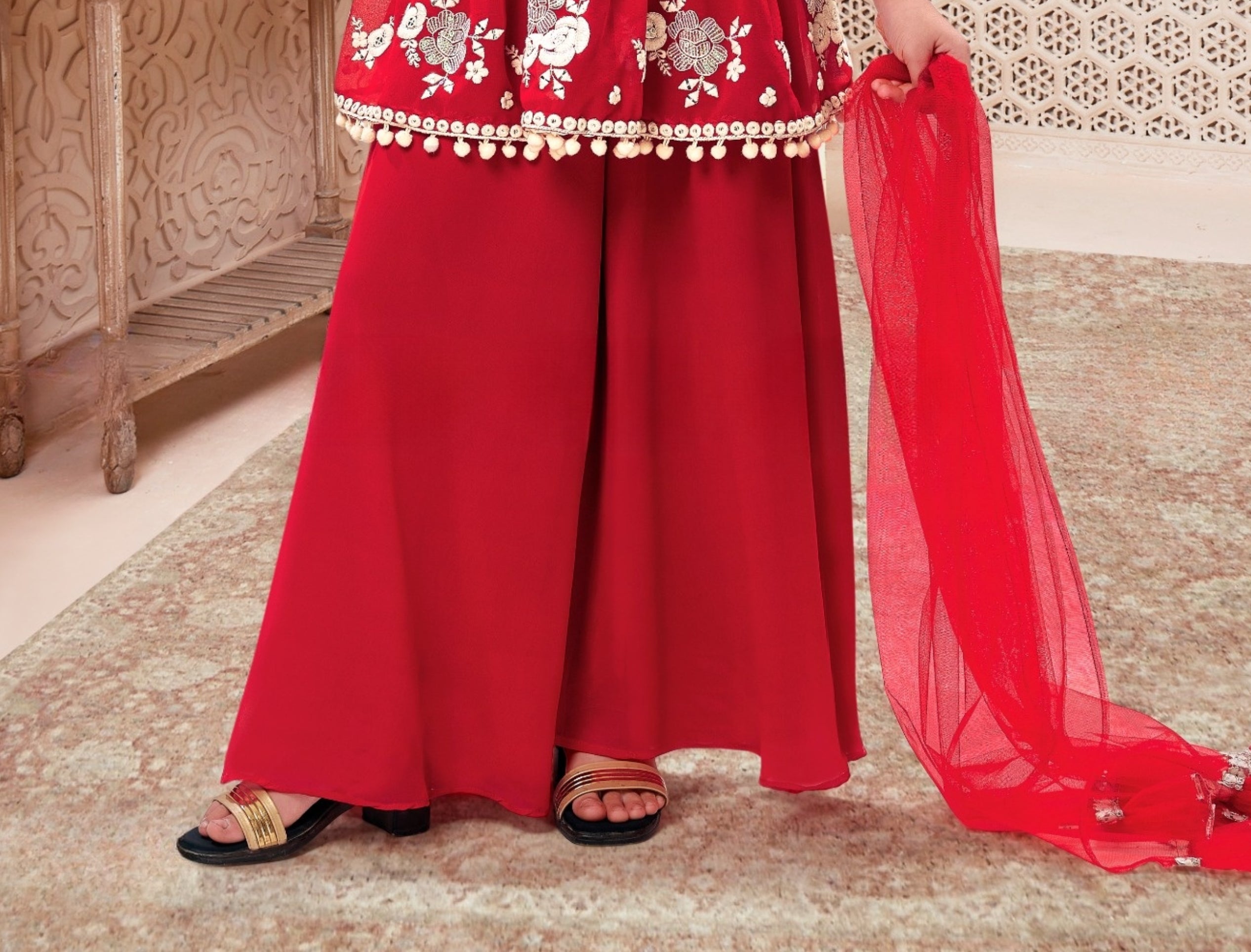 Red Embroidered Peplum Top with Palazzo & Dupatta