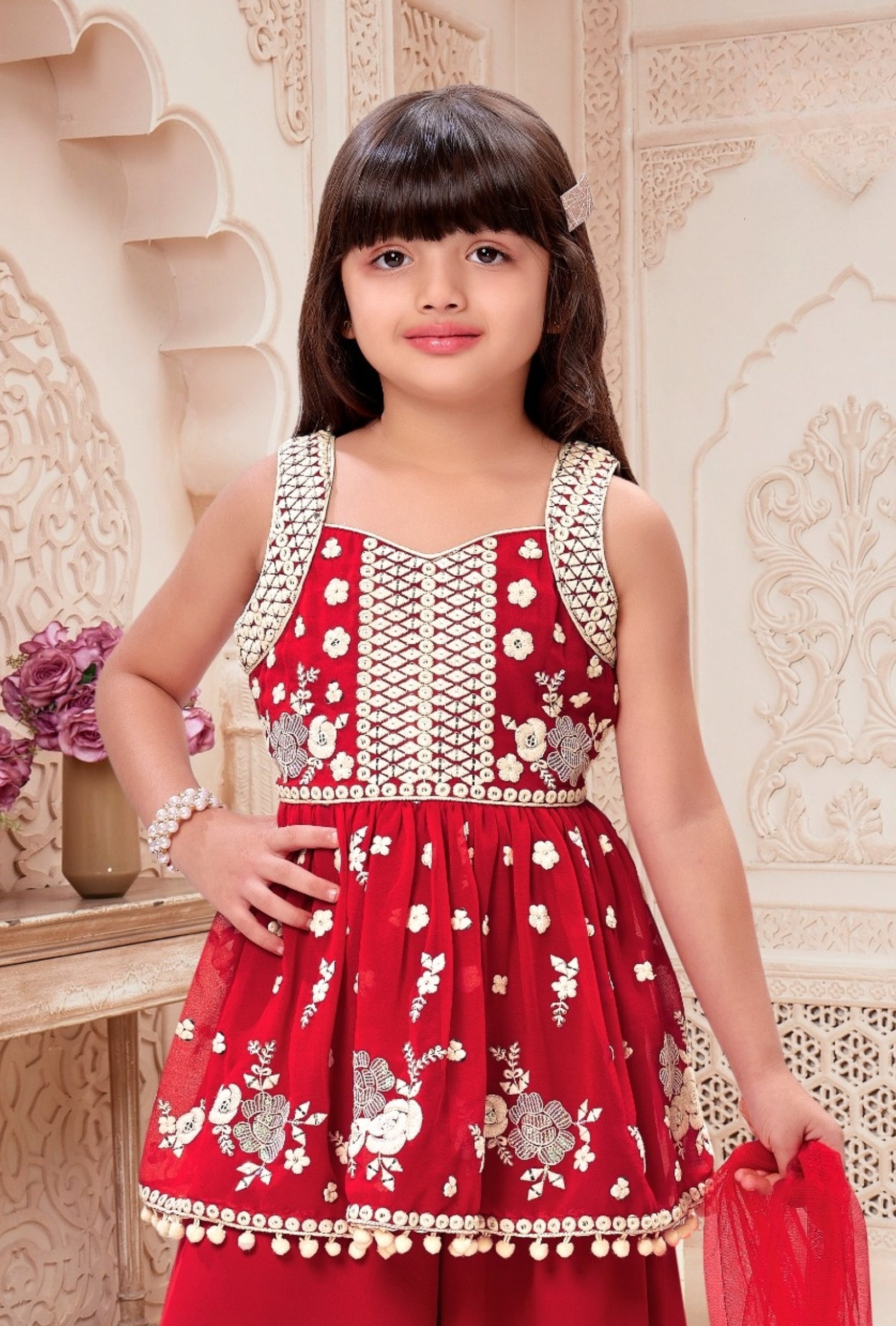 Red Embroidered Peplum Top with Palazzo & Dupatta