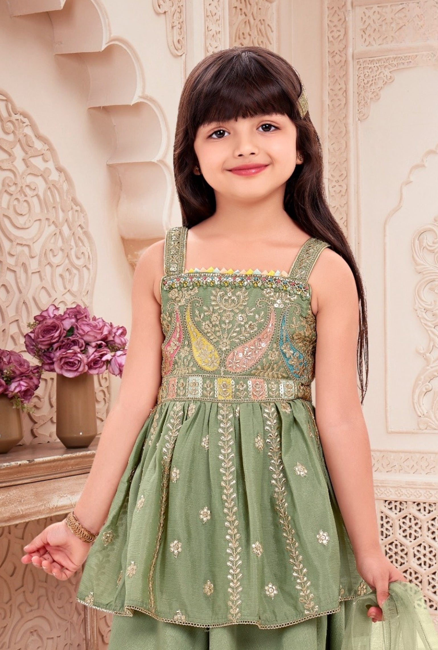 Pastel Green Embroidered Peplum Top with Palazzo & Dupatta