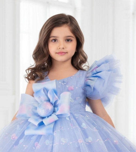 Ice Blue One-Shoulder Designer Princess Short  Frock