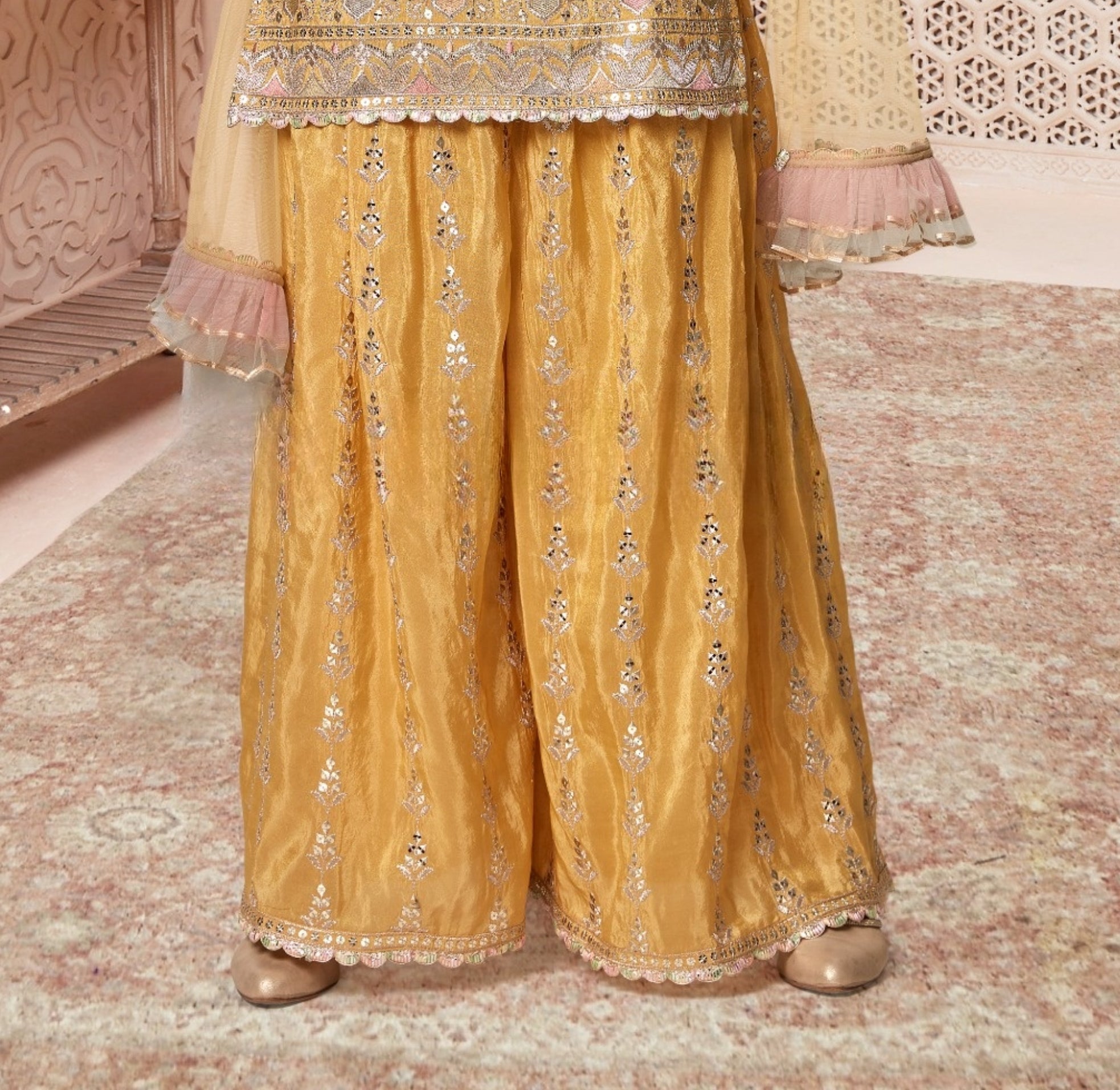 Golden Mirror Work Kurti with Palazzo & Dupatta
