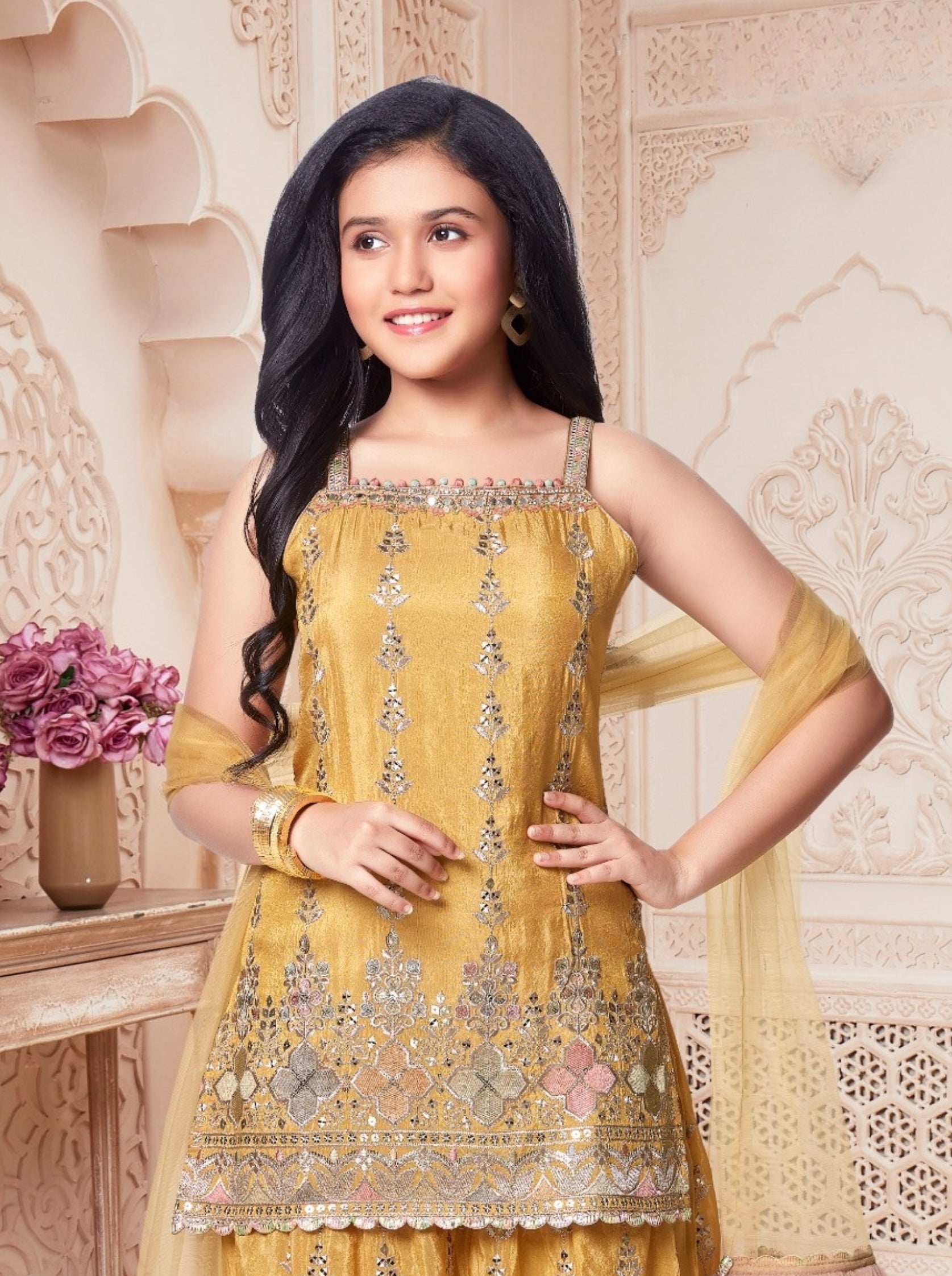 Golden Mirror Work Kurti with Palazzo & Dupatta